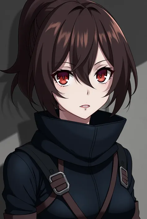  a female anime character ,  She is  , Ojos rojos, fang, brown hair tied up ,  white skin , ninja uniform  