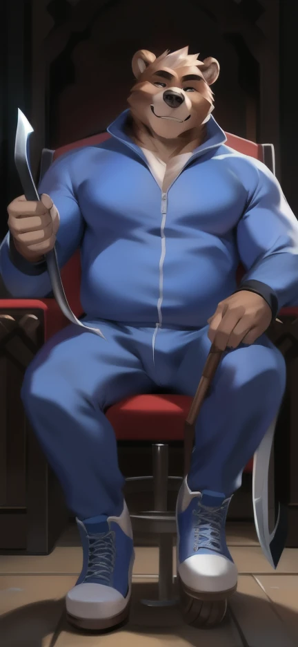 Solo, male Tall​ ,huge​ body​,​ Chair Ride ,den,Holding a sickle as a weapon to represent the Grim Reapers, bear,blue Tracksuit soldier , Wear combat shoes, overweight, muscular, Smirking​ , by chunie