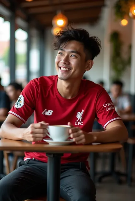 A young Indonesian man wearing a Liverpool Jersey .FC black jeans Converse shoes ,  sitting in a coffee shop enjoying a cup of coffee with a sweet smiling expression ,  looks at an aesthetic coffee shop activity atmosphere with some other visitors  , reali...