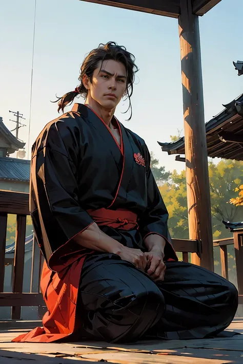 A man, male,handsome,samurai,Build: Large and muscular, but not overly bulky. His body is well-balanced with strong, athletic musculature from martial arts training while maintaining agility. Skin: Light brown, slightly tanned from frequent outdoor trainin...