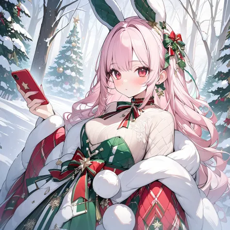 ,a girl in Christmas theme々）sexy beautiful, ribbon shaped choker, (masterpiece, highest quality), official art, beautiful and aesthetic: 1.2), (1 girl), very detailed, (green white art: 1.3), Christmas colorful, pink long hair red eyes、  half body, angel w...