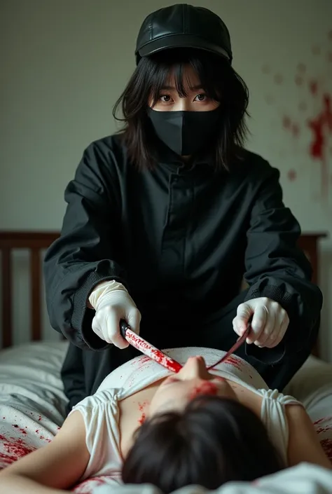 korean girl, (behind cadaver, black surgical mask), stabbing, holding knife, white latex gloves, bloody room, black raincoat, black wet suit, leather trucker hat, bloody knife, latex gloves, woman, behind cadaver, blood splatter, on the bed, girl only, loo...