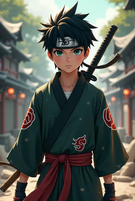 A 14-year-old man,  black hair,  green eyes,  sword on the back, Ninja suit , naruto style,  ninja band on forehead, 3d anime