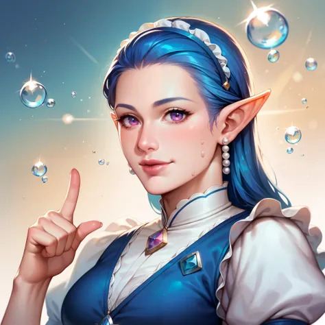 score_9, score_8_up, score_7_up, score_6_up, score_5_up, score_4_up, hires, masterpiece, A cheerful aqua elf receptionist, warmly welcoming adventurers at the guild counter, has long, straight blue hair, half-up with small shells and water droplets decorat...