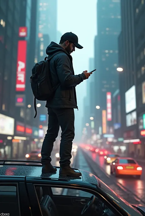 Main character of watch dog standing on a car with his Phone 