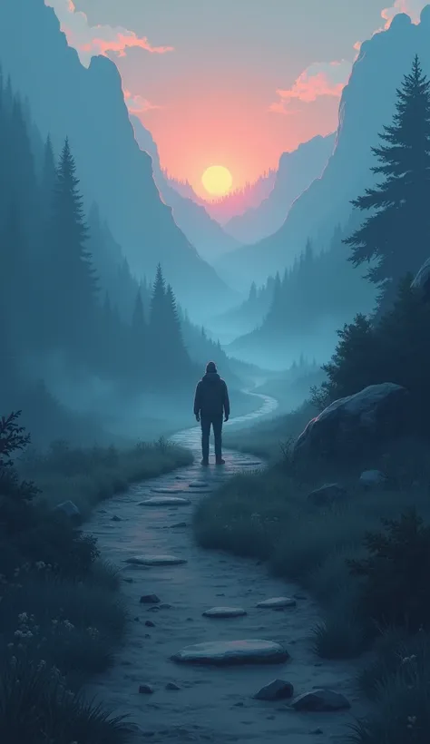 A person standing in a foggy landscape at a forked path, one side smooth and well-lit but leading into emptiness, the other rugged and winding but illuminated by a warm glow at the distant horizon, symbolizing the challenge of perseverance, cartoon, comic ...