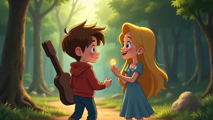  image for a cartoon story of Disney-style YouTube videos: format Pirax. boy ,  guitar case with short brown hair, wearing blue ,  pants with a red sweatshirt ,  he has a sparkling stone on his arm , he shows a stone ,  next to him. A beautiful  , A  ,  dr...