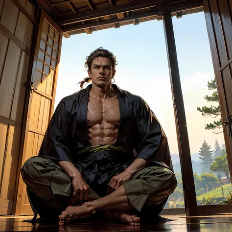 A man, male,handsome,samurai,Build: Large and muscular, but not overly bulky. His body is well-balanced with strong, athletic musculature from martial arts training while maintaining agility. Skin: Light brown, slightly tanned from frequent outdoor trainin...