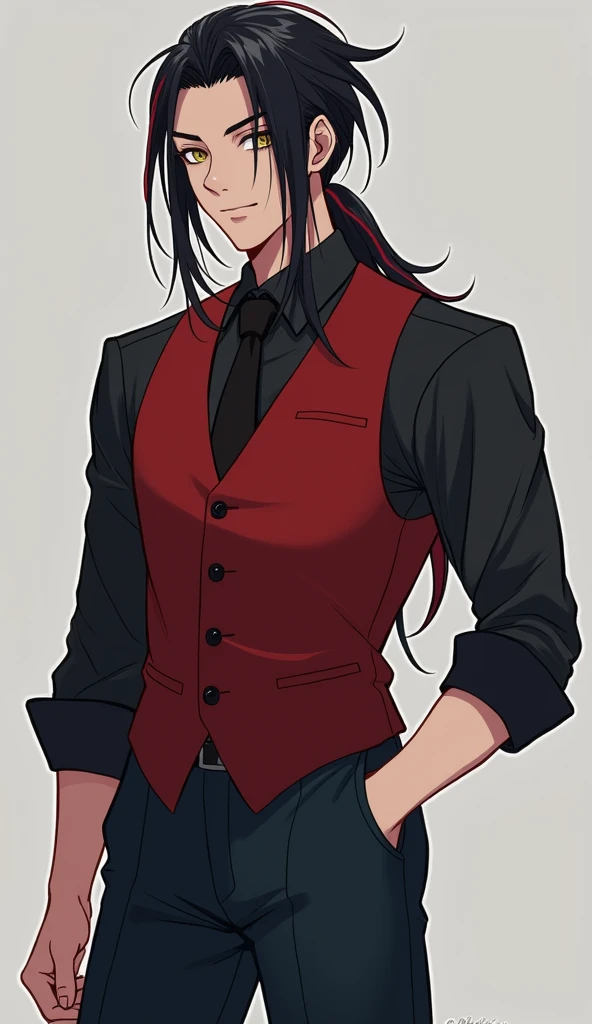 man, 20 years,  athletic body, long hair tied ,  black hair with red twigs and a platinum fringe,  golden eyes with a red rim ,  black dress shirt, red vest,  dark navy blue pants , social shoes,  black-painted nails 