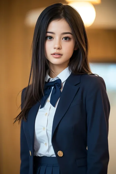 (8k,   RAW photos , top quality ,  high res:1.1), (超  realistic  な:1.4),(  realistic  ,   realistic  :1.3), Japanese Beauty、1、(navy skirt),    navy blue blazer ,   pleated mini skirt,
(   cute uniform )、((  upper body:1.3))