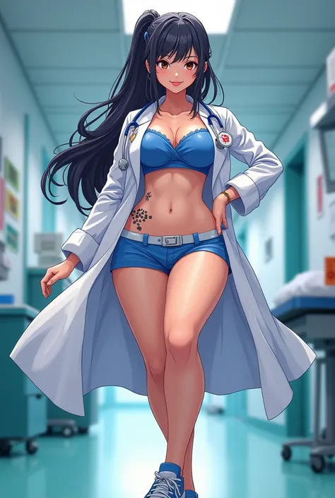 An anime woman with big breasts and big legs and spots in doctors clothing 