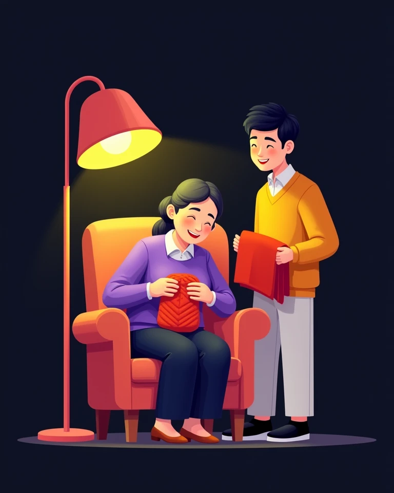 Illustration style . Bright , vibrant colors , black background , a 60 year old loving mother in Taiwan wearing a purple shirt sitting in an armchair with her hands folded over her stomach, holding a sweater she is knitting , already asleep . 30 year old s...