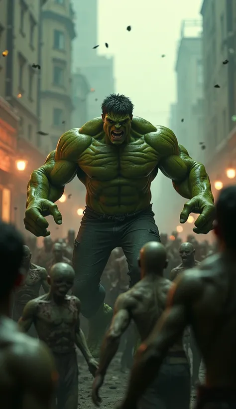 "Create a visually intense cinematic showdown featuring Hulk battling a massive horde of zombies in an urban setting. Showcase the raw power of the Hulk as he smashes through the relentless zombie swarm. Add dramatic lighting and a gritty, post-apocalyptic...