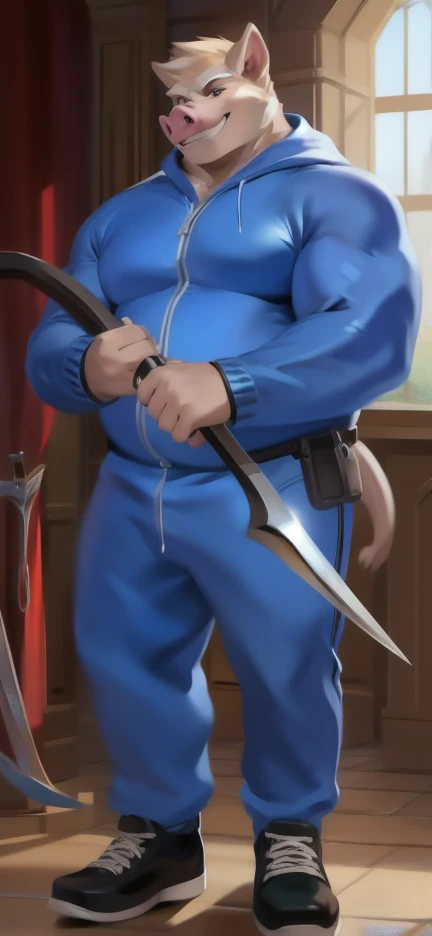 Solo, male Tall​ ,huge​ body​,​ Chair Ride ,den,Holding a sickle as a weapon to represent the Grim Reapers, pig ,blue Tracksuit soldier , Wear combat shoes, overweight, muscular, Smirking​ , by chunie