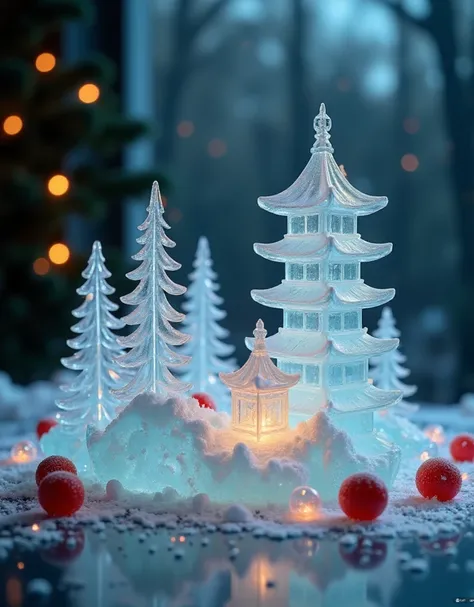 miluo_zsyd, This is a photograph of a meticulously crafted ice sculpture set against a backdrop of soft, natural light. The central focus is an elaborate ice structure that replicates a serene landscape featuring a traditional East Asian pagoda, surrounded...