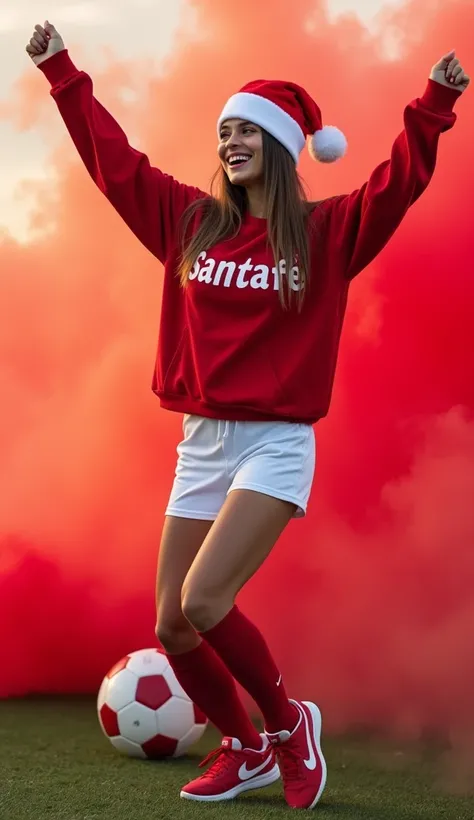  image of a soccer cheerleader wearing a red sweater wearing the text Santafé on her chest,  white shorts,  red socks and red sneakers with white ,  with the red and white Santa Claus hat , Dancing Happily Celebrating, Add a soccer ball in the background o...