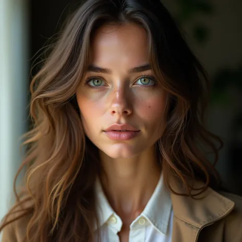 woman, 25 years,   fair skin ,  Long, wavy brown hair ,  expressive green eyes that reflect your emotional intensity, full lips, small freckles on the face ,  dressed in a white shirt and jacket, expressão seria