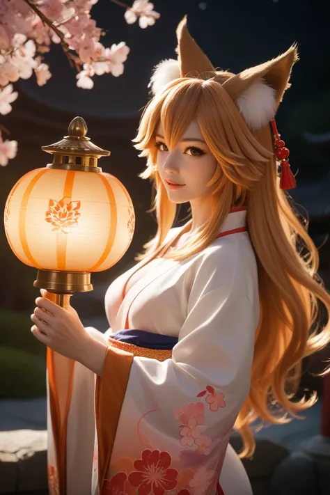 A mythical Tamamo-no-Mae, illuminated by the legendary nine-tailed fox spirit from Japanese folklore, her expression balances beauty and menace , depicted as a stunningly beautiful woman with flowinggolden hair and fox ears, bathed in ethereal radiance. A ...