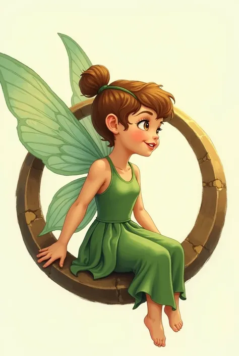  draw a sweet fairy sitting in a ring in the shape of a large “O”,  have the fairy green dress and wings ,  with the “O” inside the “O” with her hands holding on to the inner edges of the “O” ,  with the wings thrown over the leg , Let the wings be showy ,...