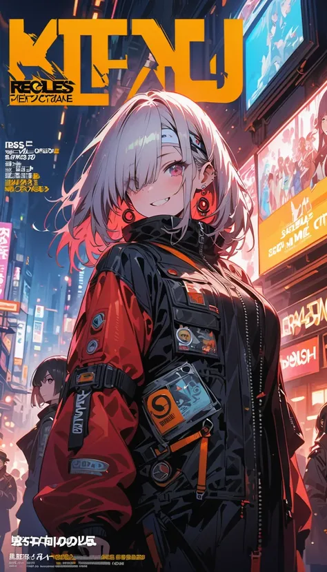 ( beautiful girl : 1.3),6 girls,(protective clothing,headband, earrings for women with first name, Assault Rifle), Silver Hair, bob cut, braids, hair over one eye, barcode tattoo on cheek,smile,Reckless attitude,Evil face,Provocative attitude, cyberpunk, n...