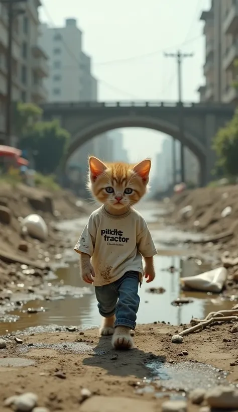 A small, sad kitten is walking through a dried-up, muddy riverbed with patches of standing water and scattered cracks. The kittens fur is streaked with mud, and it wears loose-fitting parallel jeans and an oversized white t-shirt with the label "Pichi Trac...