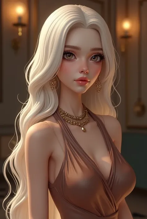 Generate a Human realistic ai white skin beautiful girl wearing a party silk sleeveless with scarf aesthetic, the color of the dress is Mocha Mousse shes wearing a necklace, shes a long hair white weavy with accessories like earrings , ring, bracelet. The ...