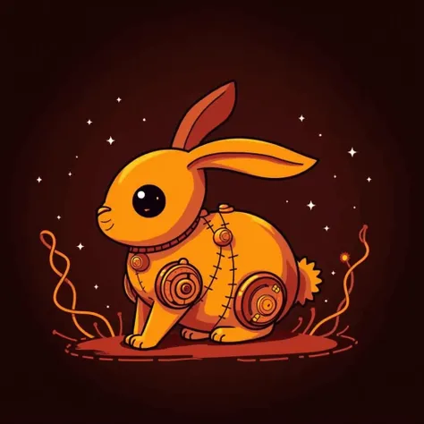 A stylized, cartoon rabbit, positioned centrally in the image. The rabbit is depicted in a whimsical, steampunk-inspired aesthetic.  Its body is composed of segmented, machine-like shapes, with visible stitching and seams.  It has large, round, dark eyes a...