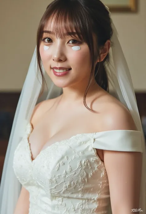 (8k、 RAW photo、 top quality 、masterpiece:1.2)、( realistic 、 realistic )、 1 girl、(( off-shoulder wedding dress with condensed milk splashing on the face、Chapel、 short bob、 FRONT VIEW 、smile、 camera  、smile、stand))、cute、 Big Breasts 