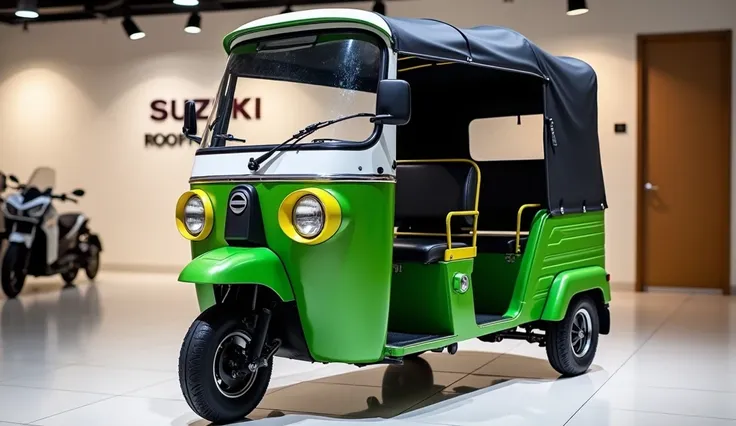 "Create a front-side angled view of a modern three-wheeled auto-rickshaw in a showroom setting. The vehicle should have a green and white body with yellow accents on the front panel and a black fabric canopy supported by a metal frame. Highlight the round ...