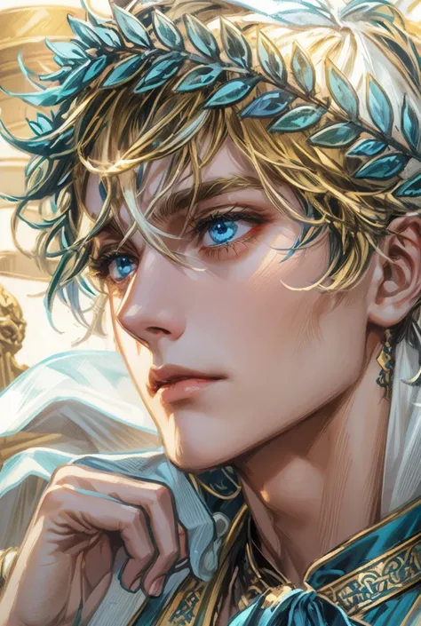 Single,  high resolution ,  blue eyes, blond［ Laurel ］、 split body lens, Ancient Greek background 、 Son of Apollo、gentle、man、Handsome、20 years old、 White Greek-style robes on the head、 white background 