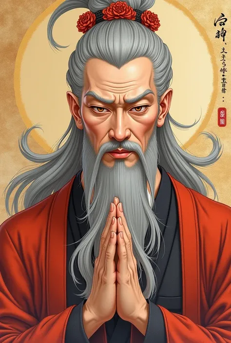 Peindre une œuvre dans le style traditionnel de la peinture à lencre chinoise avec un accent mis sur lor. Parmi eux devrait être représenté un homme sage aux cheveux gris et longs et aux yeux perçants de couleur rose. Ce sage devrait être un homme avec de ...