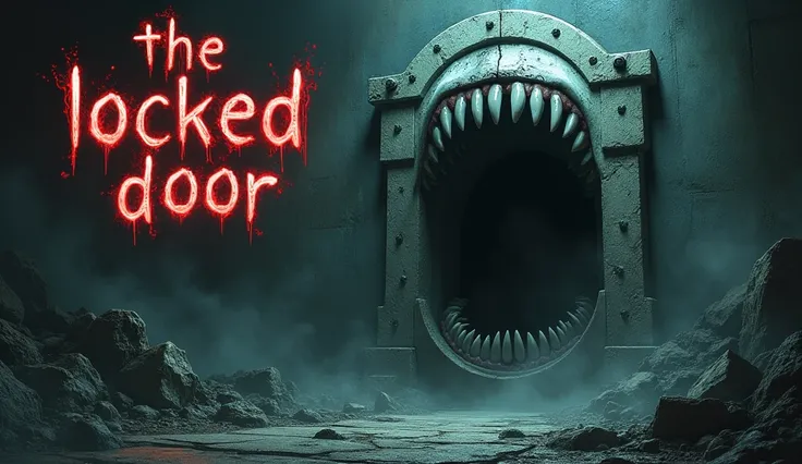 Horrible ghost with big teeth standing in the front of haunted door and also write "The Locked Door" In Red And White in 8k quality 