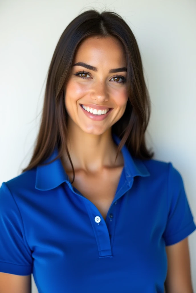 Beautiful European woman with thick eyebrows and striking, dark eyes,  full and rosy lips, filled cheeks ,  with straight and dark hair wearing a royal blue polo shirt , smiling without showing teeth,  professional photo with white background 