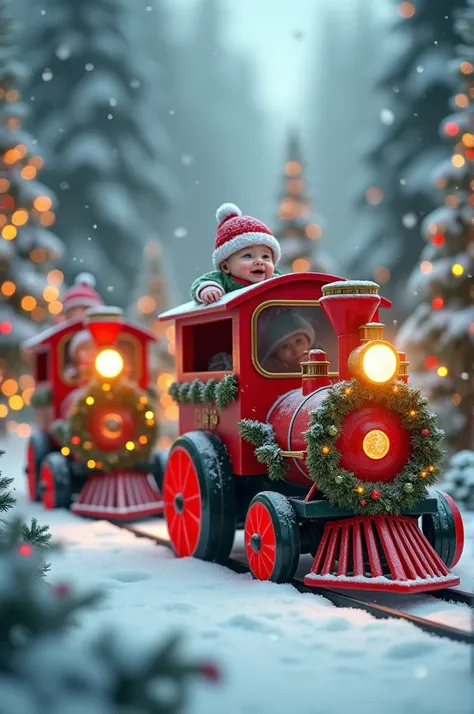 realistic photo of several toy trains of various shapes all decorated with Christmas decorations, colorful lights flashing, and inside the trains several  real human babies, all dressed in Christmas outfits, the babies happy and abandoned, around the track...