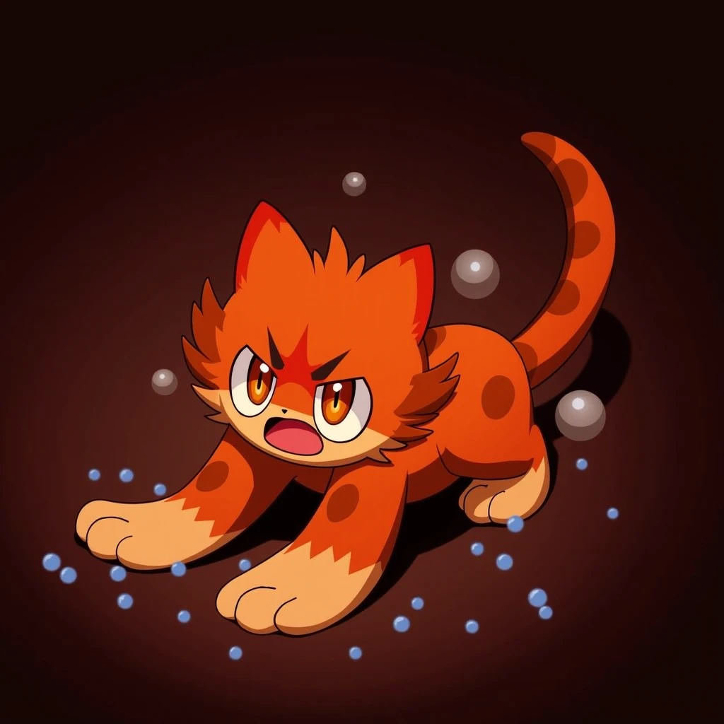 A cartoonish, orange creature, resembling a cat with multiple, long, flowing tails, is depicted in a stylized anime style. The creature is small and crouched. Its eyes are wide, and its mouth is open in a wide, exaggerated expression of alarm or fear. The ...