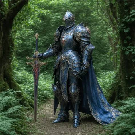 Colorful armor、 The armor is a mixture of blue, black, and red、Beautiful Armor、 artistic photo 、Swing a good-looking sword 、 RAW photos 、 realistic pictures of the garden、Highly detailed images