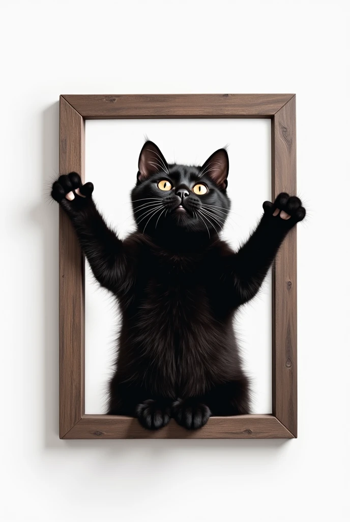 Generate the image of a cute black cat hanging its hand on the upper side of the frame, showing its face from above and looking inside the 、 frame in a vertical direction with a transparent background。