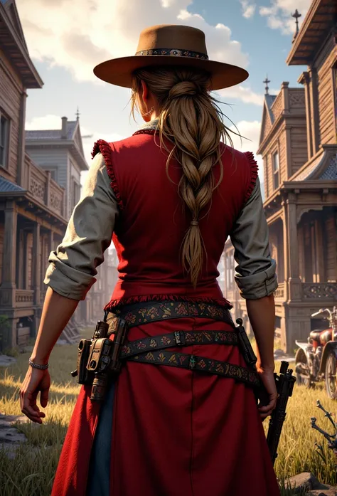 arafed woman in a red vest and hat standing in a town, [ red dead ], red dead redemption 2, red dead redemption2, 4 k wild west, in red dead redemption 2, in red dead redemntion 2, red dead redemption, red dead redemption art style, rdr2, old west, oldwest...