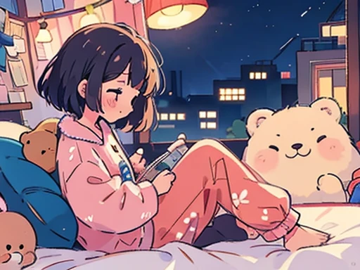 Profile of a happy girl changing into new bear-patterned pajamas、night