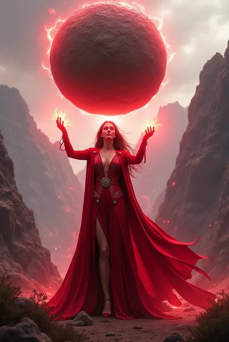 Scarlet Witch is lifting a large rock with her magical powers. 