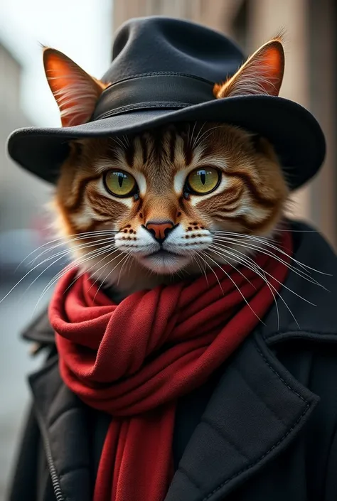  Picture of a cat in a hat and scarf , fashionable in art station,  dressed in punk style ,  Detailed hyperrealistic visualization,  British gang members , Street style,  Intimidating pose , planet of cats, fashion clothes , CITY SAMURAI , , west slavic tr...