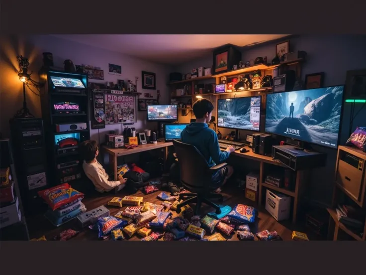 "A messy room filled with junk food wrappers and a glowing gaming setup. Minh, a 25-year-old lazy gamer, is glued to his screen. His girlfriend Lan texts him, but he responds half-heartedly while staying focused on his game."