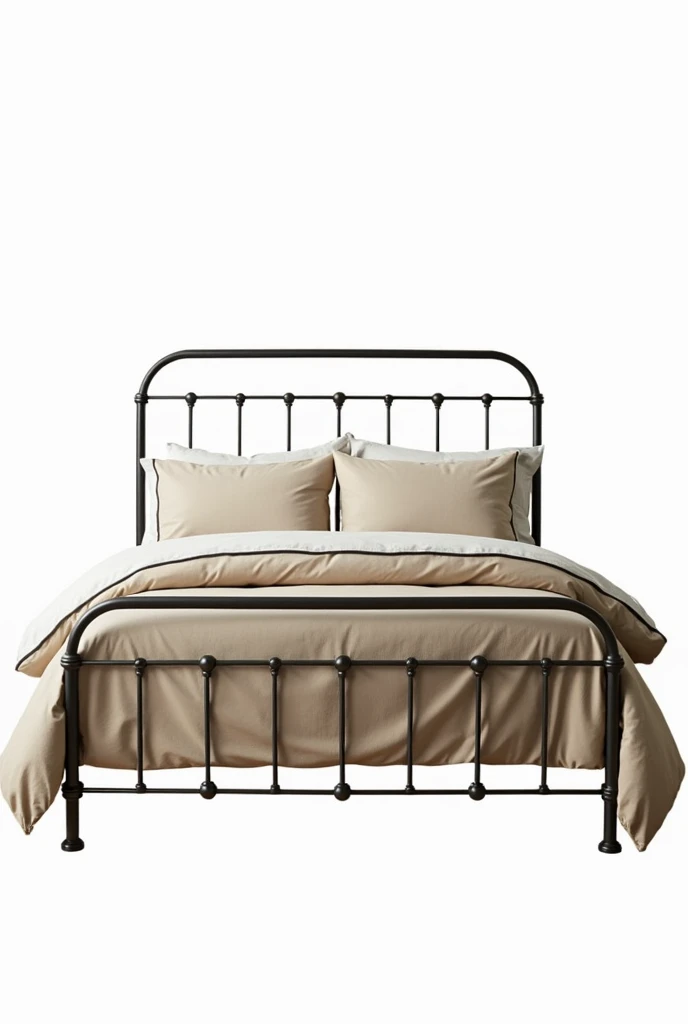 Vintage metal bed frame with a simple design, featuring beige bedding and pillows. The sturdy structure adds a classic touch to any bedroom. Isolated on transparent background, png