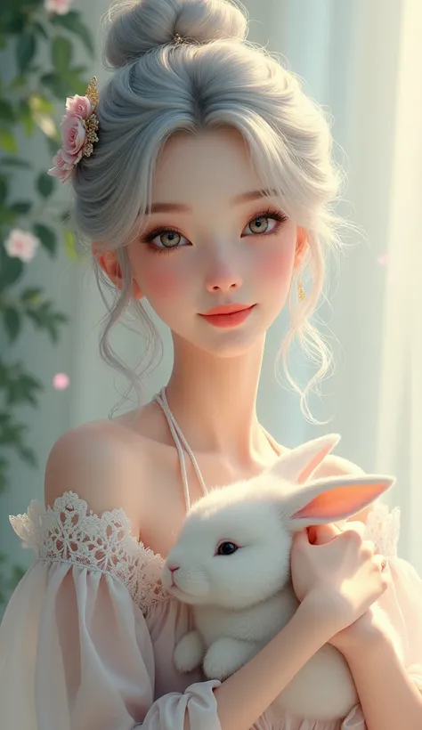 Beauty　cute　Silver　 long hair　 flower hair ornament with bun head 　Im holding a rabbit　front　smile