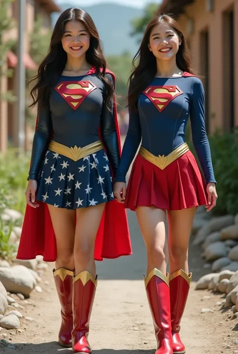  live-action、   2 cute Japanese superheroines    、   supergirl on the right    、    on the left   、  smile、    muscular、      cute Japanese supergirl in her 20s  、Supergirls feet have become stones  、 (   unrealistic)、(    perfect costume for supergirl    ...