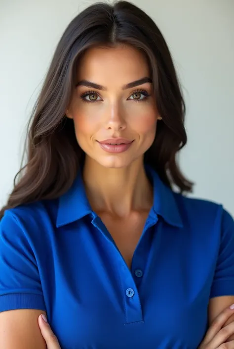  Beautiful European woman with thick eyebrows and striking, dark eyes,  full and rosy lips, filled cheeks , with straight and dark hair , muscular shoulders and arms,  wearing a royal blue polo shirt , smiling without showing teeth,  professional photo wit...