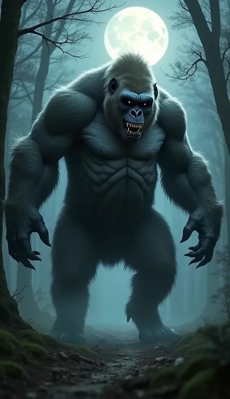  A creepy hybrid creature , fusion of a wolf and a gorilla ,  with the immense strength and musculature of the gorilla ,  but with the agility and ferocity of a wolf .  The creature has the immense and muscular body of the gorilla ,  but with the thick and...