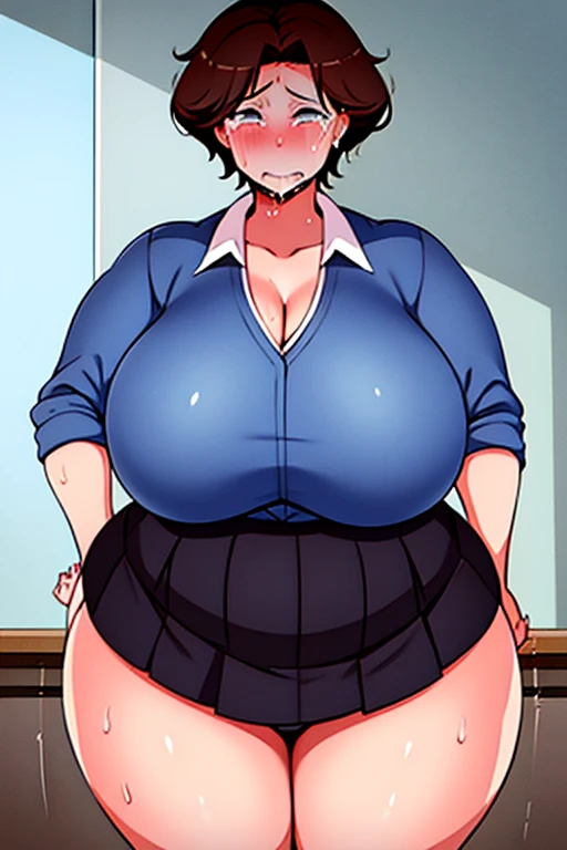 1 boy, anime ,  masterpiece  ,skirt, shirt,  school uniform , white shirt, thighs , Sensual ,, looking at the spectator,(Sweat:1.1),( crying:1.5)(big breasts;1.1) , (content:1.3)( classroom:1) ,footprint on the neck , breasts,(grabbing breasts, (:1.3), lar...