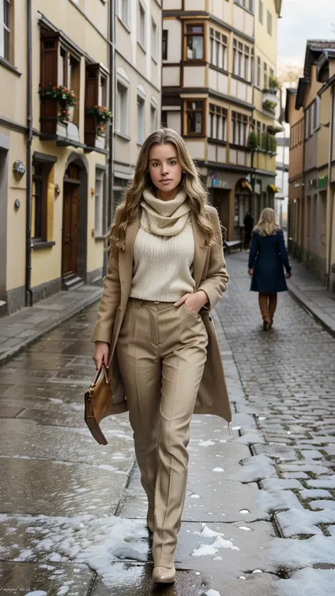 Image of a 20-year-old young woman resembling Princess Leonor of Spain, with long, naturally wavy blonde hair, medium height, and realistic skin texture. She is walking along the cobbled streets of Zurich’s Old Town, dressed in a stylish wool coat, fitted ...