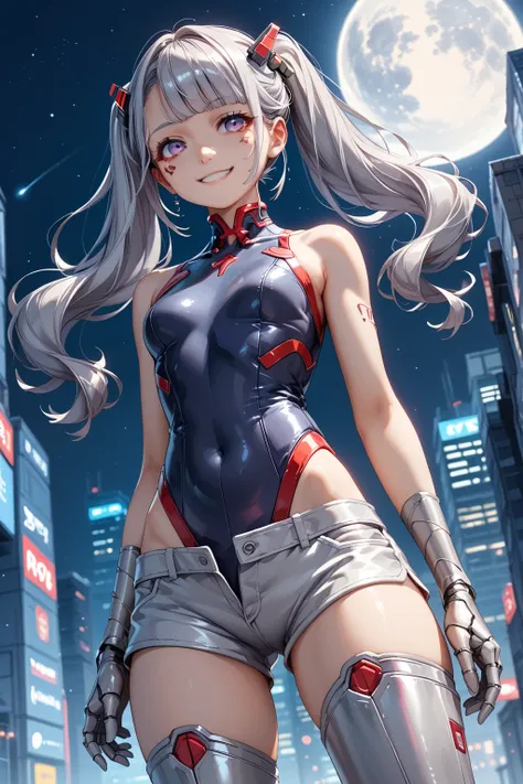  highest image quality taken by Ki、 masterpiece、  super high definition 、（Shooting Resolution ：1.4）、  super high definition シネマ、  angle view from below with a bandage、  Cyberpunk Night City 、  girl、  Silver Hair Twin Tails、SILVER SHORTS 、whole body、smile、C...